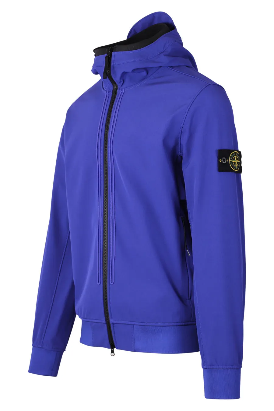 Chaqueta azul con capucha y logotipo parche