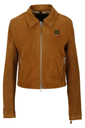 Chaqueta de cuero marrón con logo