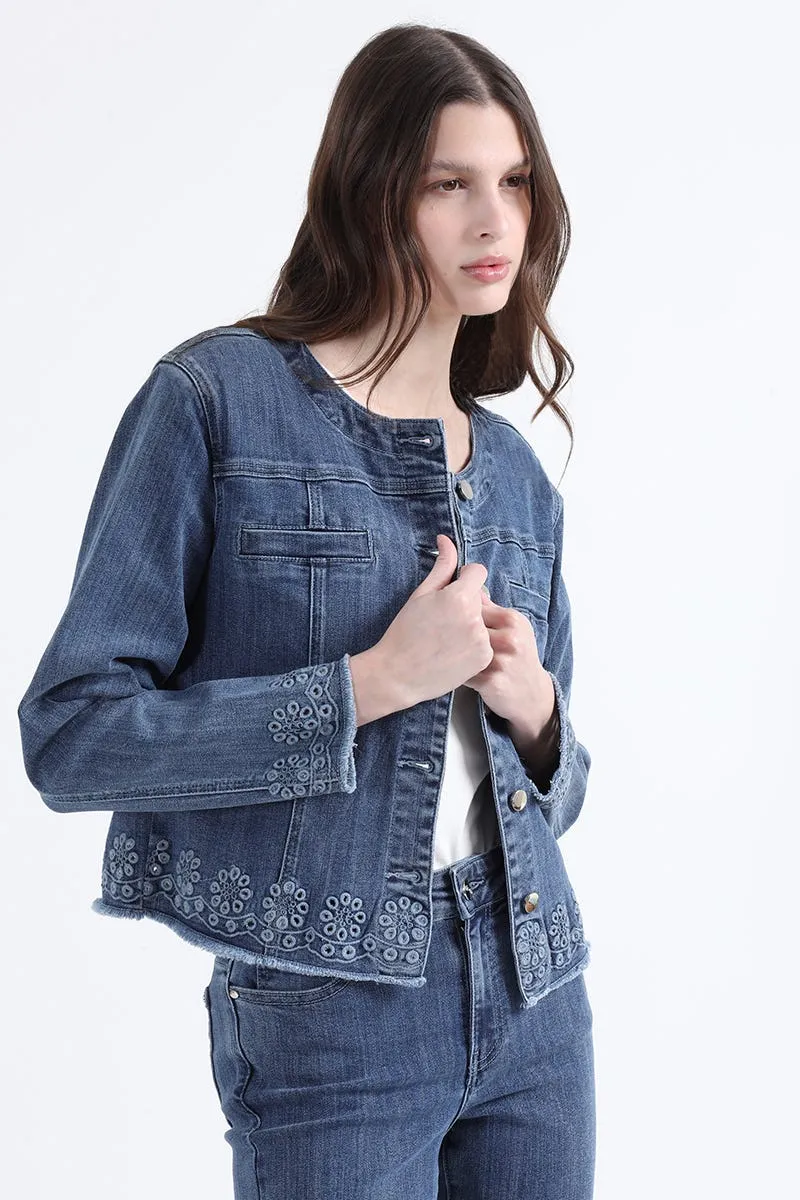 CHAQUETA DENIM BORDADO RECHELIEU, AZUL