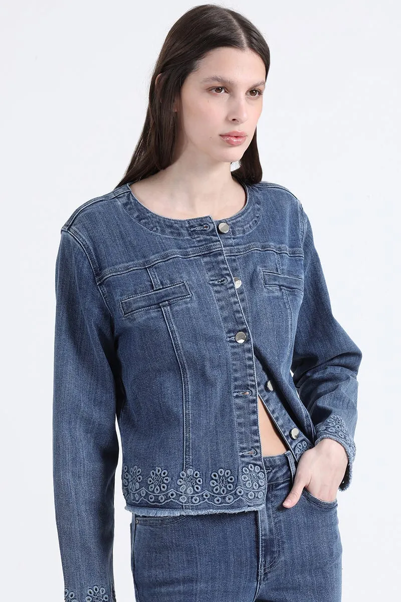 CHAQUETA DENIM BORDADO RECHELIEU, AZUL