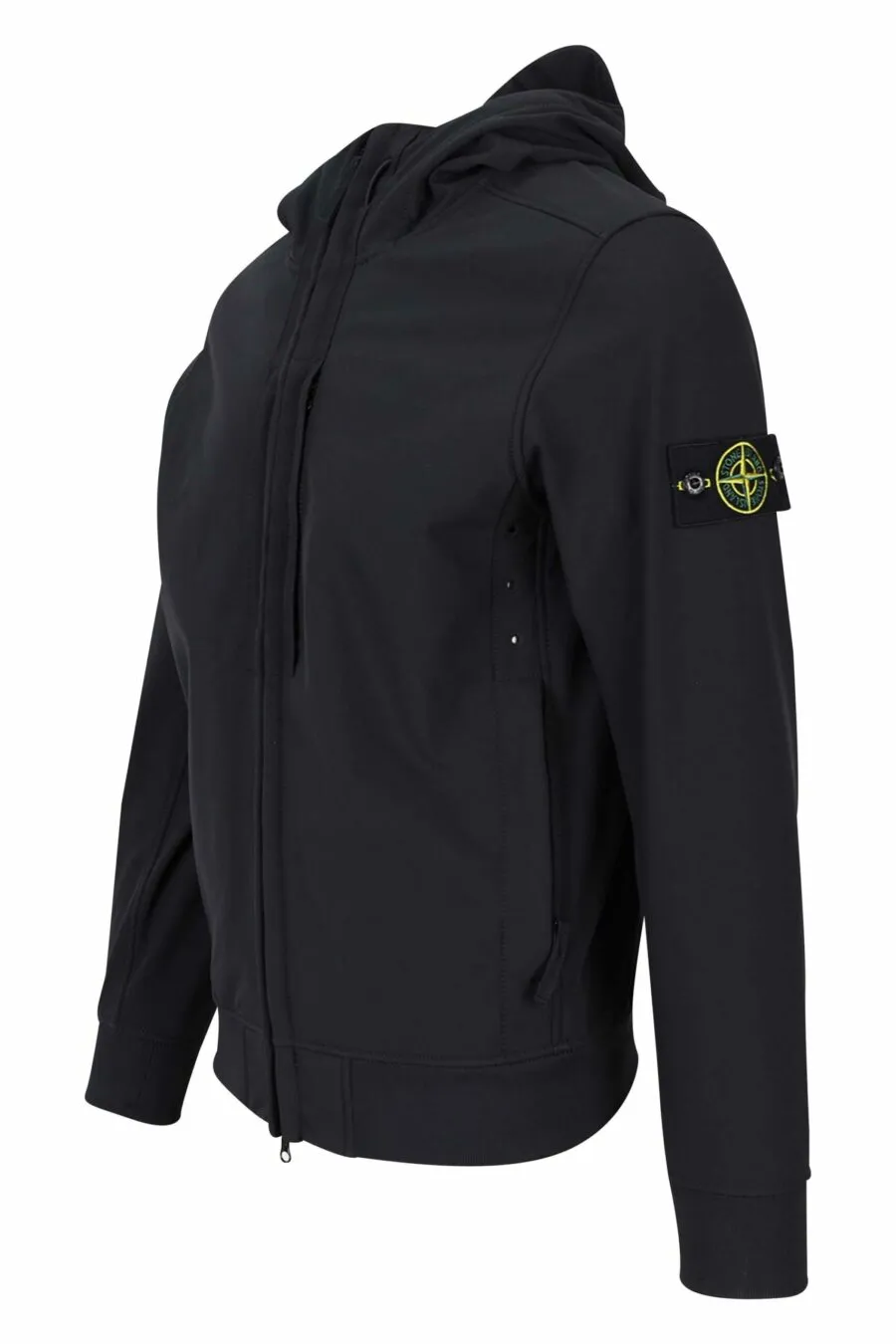 Chaqueta negra con capucha y logo lateral parche