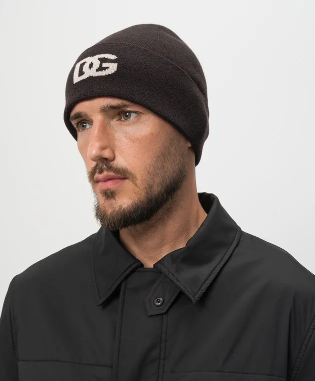 Dolce&Gabbana Brown cashmere beanie with DG logo pattern