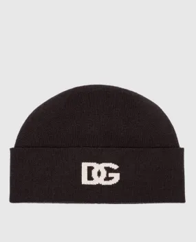 Dolce&Gabbana Brown cashmere beanie with DG logo pattern