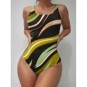 Women's Normal Swimwear One Piece Monokini Bathing Suits Swimsuit Open Back Printing High Waisted Color Block Geometic Scoop