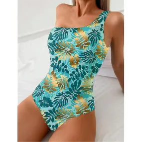 Women's Normal Swimwear One Piece Monokini Bathing Suits Swimsuit Open Back Printing High Waisted Leaves Sports Fashion Bath