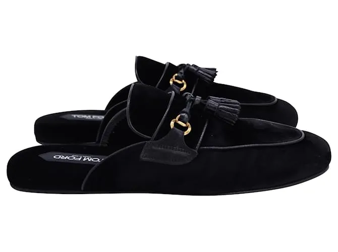 Zapatillas con borlas Tom Ford Stephan en terciopelo negro con ribete de cuero 