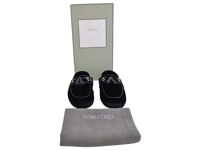 Zapatillas con borlas Tom Ford Stephan en terciopelo negro con ribete de cuero 